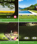 16 Pack Solar Ground Lights Outdoor With 16 LEDs Multi Color Waterproof Landscape Lights showing placement suggestions and auto lighting