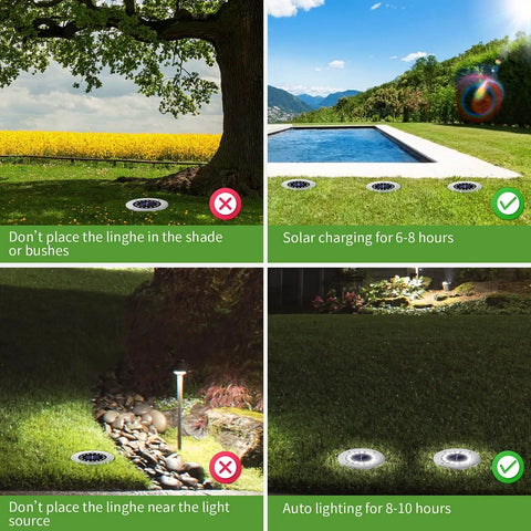16 Pack Solar Ground Lights Outdoor With 16 LEDs Multi Color Waterproof Landscape Lights showing placement suggestions and auto lighting