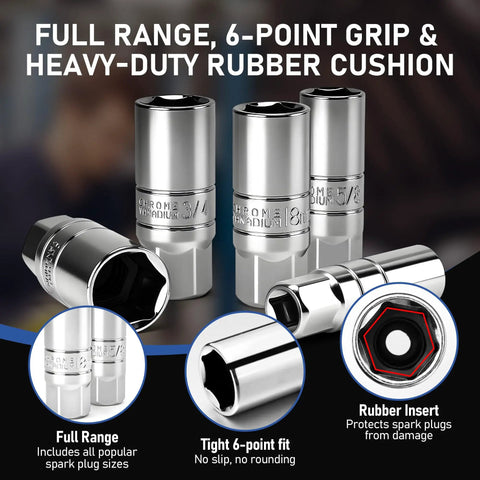 Magnetic Spark Plug Socket Set With Installation Tube And Ten Inch Extension Bar Three Eighths Inch Click Torque Wrench Spark Plug Gap Tool Magnetic Swivel Sockets With U Joint Twelve Piece featuring 6-point grip and rubber cushion.