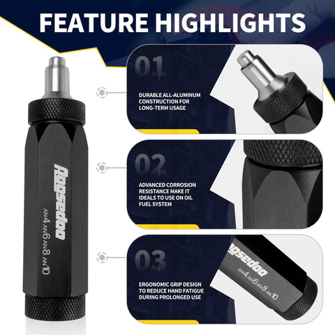 Two-piece PTFE hose assembly tool set: black knurled aluminum tool for AN4–AN10 with a double-ended AN fittings wrench.