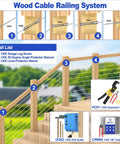 Wood cable railing system diagram with details of stainless steel protector sleeves, drill guide, hydraulic crimper, and cable wire.