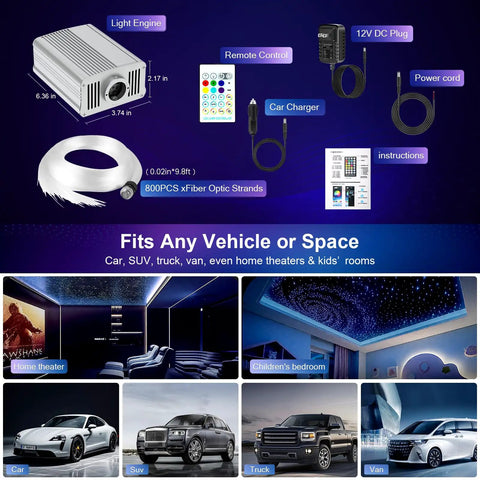 Starlight Headliner Kit For Car And Home Room Dope Fiber Optic Setup With 800 Strands including light engine and accessories