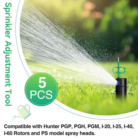 5 Piece Sprinkler Adjustment Tool Set For PGP Heads And Lawn Irrigation with visible spray head and adjustment tool in grass