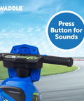 Kids Motorcycle Balance Bike For Tots Ride On Toy With Sounds Realistic Look Wide Wheelbase Rubber Coated Wheels Foot To Floor Riding Supports Up To 44 Lbs Blue For Ages 18 Months To 3 Years, handlebar sound button close-up