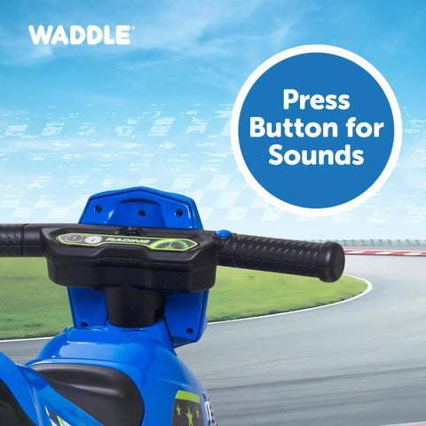 Kids Motorcycle Balance Bike For Tots Ride On Toy With Sounds Realistic Look Wide Wheelbase Rubber Coated Wheels Foot To Floor Riding Supports Up To 44 Lbs Blue For Ages 18 Months To 3 Years, handlebar sound button close-up