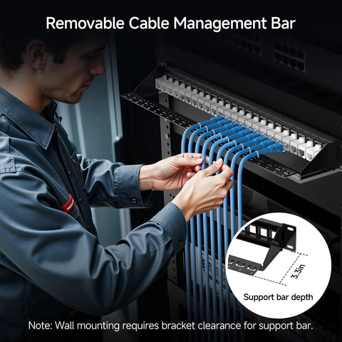 Technician organizing cables on Rackmount Or Wall Mount 1U 24 Port Keystone Patch Panel With Cable Management And Support Bar.
