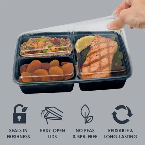 Hand opening a 20 Piece Meal Prep Containers Set With Lids Three Compartment Reusable PFAS Free And BPA Free Materials Durable Microwave Safe