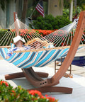 Sunbrella Fabric Hammock With 13 Ft Wood Arc Stand For Two People Outdoor Patio Setup All Weather Fade Resistant, 450 Lb Capacity