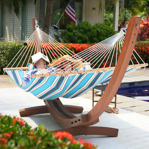 Sunbrella Fabric Hammock With 13 Ft Wood Arc Stand For Two People Outdoor Patio Setup All Weather Fade Resistant, 450 Lb Capacity