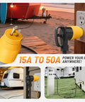 Straight Up Heavy Duty 50 To 110 Volt Rv Adapter Converts Nema 5-15P Household Outlet To 14-50R Camper Socket with yellow plug.
