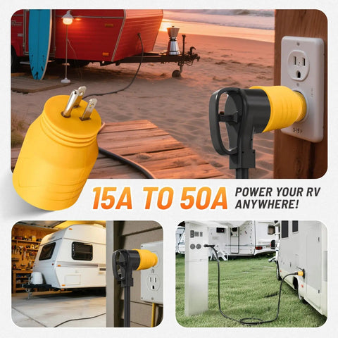 Straight Up Heavy Duty 50 To 110 Volt Rv Adapter Converts Nema 5-15P Household Outlet To 14-50R Camper Socket with yellow plug.
