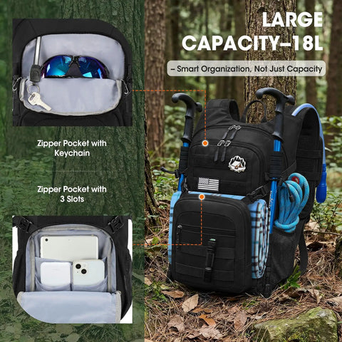 Lightweight Running Hydration Backpack With 2L Water Bladder For Trail Runs And Bike Rides, 18L capacity, zipper pockets