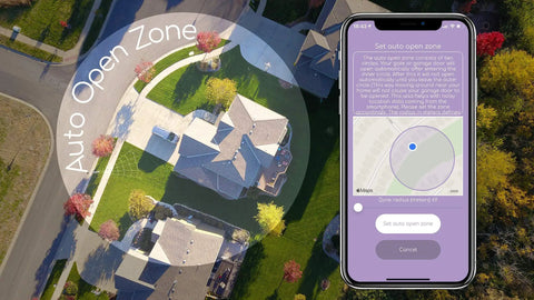 Smart Garage Door Opener With WiFi And Bluetooth app interface on iPhone, showing auto open zone around a house