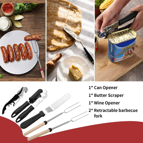Heavy Duty 27 Piece Camping Cookware Kit With Stainless Steel Grilling Utensils For Travel Picnics RVs BBQs Parties And More