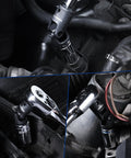 Close-up of Flexible Universal Joint Socket Adapter Set For Multi Angle Access in use on an engine, showcasing 1/4, 3/8, 1/2 in drives.