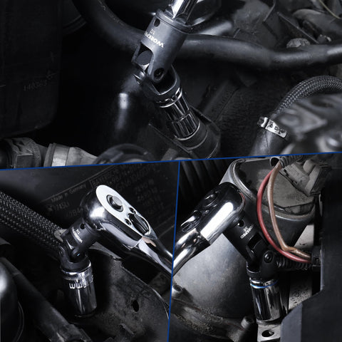 Close-up of Flexible Universal Joint Socket Adapter Set For Multi Angle Access in use on an engine, showcasing 1/4, 3/8, 1/2 in drives.