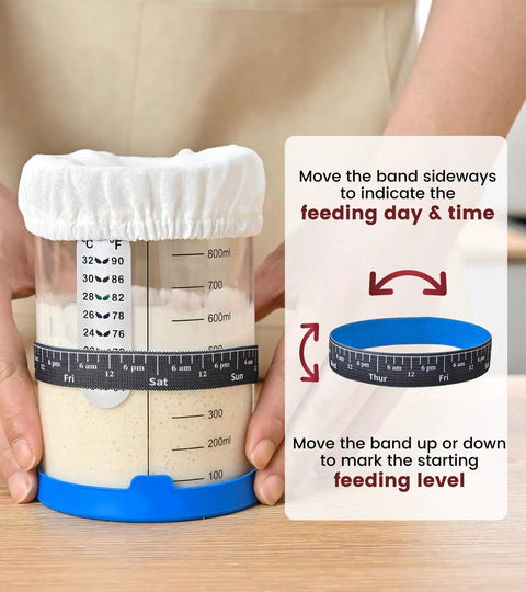 Person adjusting band on Sourdough Starter Kit 2 Pack 34Oz Organic Glass Jars Wide Mouth With Lids For Home Bakers Includes Thermometer