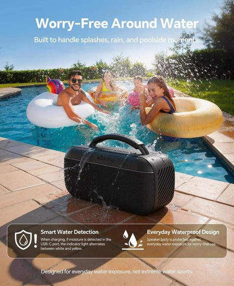 Portable Bluetooth Speaker 100W Peak Power 60W RMS SoundPulse 2.0 BassBoost Waterproof Party Speaker poolside with friends.