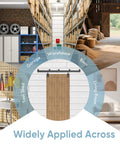 Diagram showing barn door track installation in a garage, warehouse, barn, tool shed, and living room. Heavy Duty Outdoor Barn Door Hardware Kit With 450 Lb Capacity, Box Rail Sliding Track For One Door, Anti Corrosion Black Finish, Weatherproof For Sheds Stables Garages And Barns, Easy Install, Built To Last.