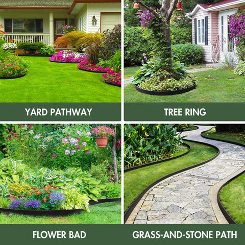 "1.5 Inch Tall Garden Edging Kit With 40 Ft Flexible Landscape Coil And 40 Spikes For Yard, Lawn And Flower Beds DIY Friendly Durable Plastic Border Edging For Straight Or Curved Beds Easy Install" used in yard pathway, tree ring, flower bed, and grass-and-stone path layouts.