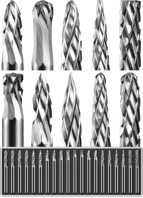 Sworker 20-piece carbide burr set with 1/8 in shank in metal case; front view of rotary-tool burrs for metal wood stone