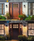 Dusk To Dawn Outdoor Light With GFCI Outlet And Dual Receptacles, Waterproof Wall Sconce on house front porch, day-night view.