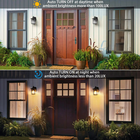 Dusk To Dawn Outdoor Light With GFCI Outlet And Dual Receptacles, Waterproof Wall Sconce on house front porch, day-night view.