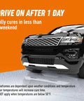 Black SUV parked on glossy epoxy floor with text about curing time for Two Part Epoxy Garage Floor Coating Kit Delivers Kickass Chemical Resistance And Showroom Shine Covering 550 Square Feet For Tough Basements And Heavy Duty Workshop Floors.