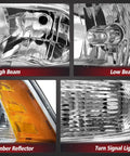 Close-up of Dodge Ram Quad Hole Halogen Headlights Assembly details including high beam, low beam, amber reflector, and turn signal light.