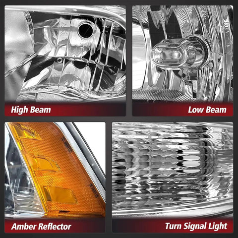 Close-up of Dodge Ram Quad Hole Halogen Headlights Assembly details including high beam, low beam, amber reflector, and turn signal light.