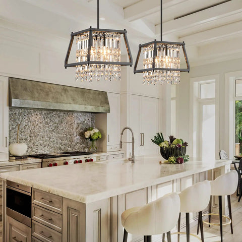 Farmhouse Crystal Pendant Light Chandelier In Black Metal For Kitchen And Dining Room Dope Industrial Vibe Fixture installed over kitchen island