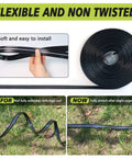 Flat Soaker Hose With Holes 100 Ft Drip Irrigation Hose for Lawn Garden Beds and Vegetables shown coiled and uncoiled on grass