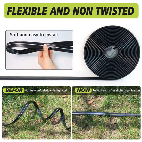 Flat Soaker Hose With Holes 100 Ft Drip Irrigation Hose for Lawn Garden Beds and Vegetables shown coiled and uncoiled on grass