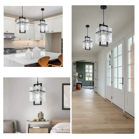 Dope Black Crystal Pendant Light For Kitchen Island With Handcrafted Water Ripple Glass Chandelier, Modern Elegant Adjustable Pendant Lighting For Dining Room And Bedroom, E12 Bulb Base, L6.5in x H11.8in