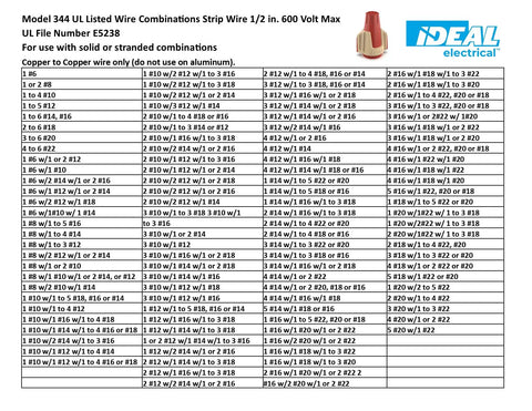 Chart detailing wire combinations for Twister Pro Wire Connectors Jar Of 500 Smooth Twist On Nuts For 22 To 8 AWG.