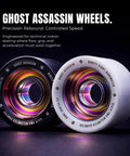 Ghost Assassin Aluminum Hub Roller Skate Wheels 62mm 98A Indoor Jam And Speed Set Of 8 Black showing two wheels with aluminum hubs