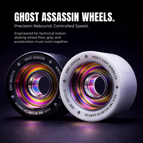 Ghost Assassin Aluminum Hub Roller Skate Wheels 62mm 98A Indoor Jam And Speed Set Of 8 Black showing two wheels with aluminum hubs