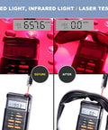 Pro Grade LED Red And Blue Light Therapy Glasses Featuring Heavy Duty Side Shields and Broad 200nm to 2000nm Coverage for IPL Treatments and UV400 Salon Protection testing setup showing before and after light intensity.