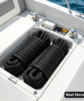 Beefy 3/8 Inch Dock Lines 2 Pack Marine Grade Nylon Rope stored neatly in boat compartment