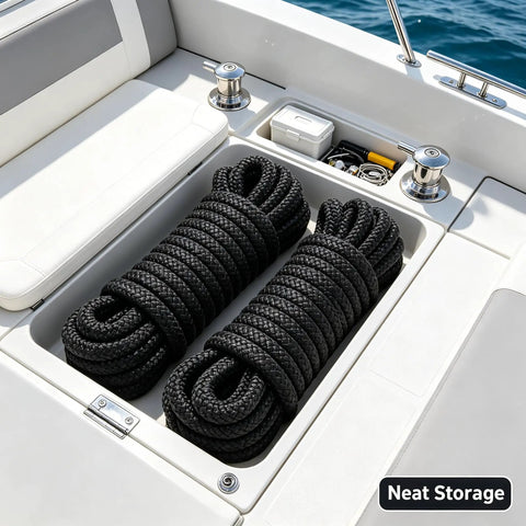 Beefy 3/8 Inch Dock Lines 2 Pack Marine Grade Nylon Rope stored neatly in boat compartment