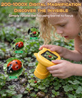 Super Cool 1000X Digital Microscope For Kids Handheld With 4K Display And 2MP Camera Portable Pocket Microscope STEM Educational Toy For Boys And Girls Ages 3 6 12 Yellow, child viewing ladybug