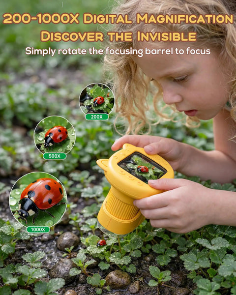 Super Cool 1000X Digital Microscope For Kids Handheld With 4K Display And 2MP Camera Portable Pocket Microscope STEM Educational Toy For Boys And Girls Ages 3 6 12 Yellow, child viewing ladybug