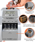 Fast Digital Coin Counter And Sorter Automatically Wrapping Loose Change At 200 Coins Per Minute While Auto Pausing On Full Loads As Screens Track Totals For Stress Free Deposit Days Built With Sleek Carbon Fiber Shell Making Bank Prep A Breeze showing coin hopper and tube sorting system.