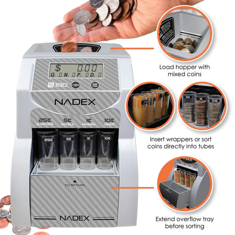 Fast Digital Coin Counter And Sorter Automatically Wrapping Loose Change At 200 Coins Per Minute While Auto Pausing On Full Loads As Screens Track Totals For Stress Free Deposit Days Built With Sleek Carbon Fiber Shell Making Bank Prep A Breeze showing coin hopper and tube sorting system.
