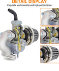 Front and side view of Carburetor Kit For 50cc 70cc 90cc 110cc 125cc 4 Stroke Engines with air filter and intake manifold.