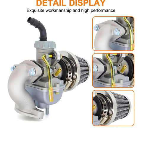 Front and side view of Carburetor Kit For 50cc 70cc 90cc 110cc 125cc 4 Stroke Engines with air filter and intake manifold.