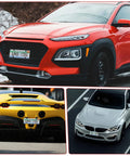 Clear Universal License Plate Cover Set 2 Pack 12.08 X 6.02 Inches on sedan, sports car, and SUV, front and rear view.