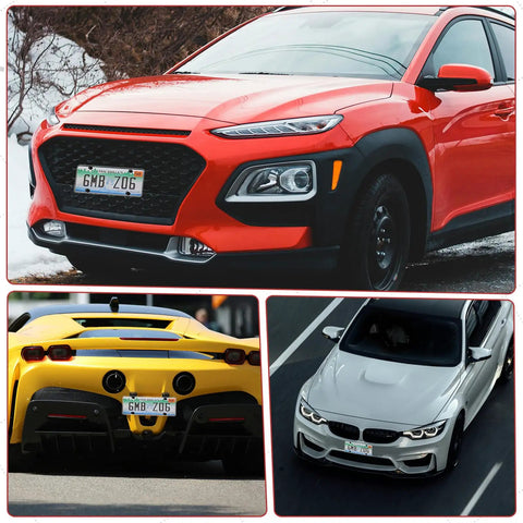 Clear Universal License Plate Cover Set 2 Pack 12.08 X 6.02 Inches on sedan, sports car, and SUV, front and rear view.