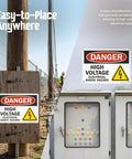 Danger High Voltage Electrical Shock Hazard Sign 10 By 14 Inches OSHA Metal Sign Made From 40 Mil Laminated Rustproof Aluminum displayed outdoors