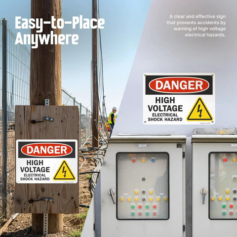 Danger High Voltage Electrical Shock Hazard Sign 10 By 14 Inches OSHA Metal Sign Made From 40 Mil Laminated Rustproof Aluminum displayed outdoors